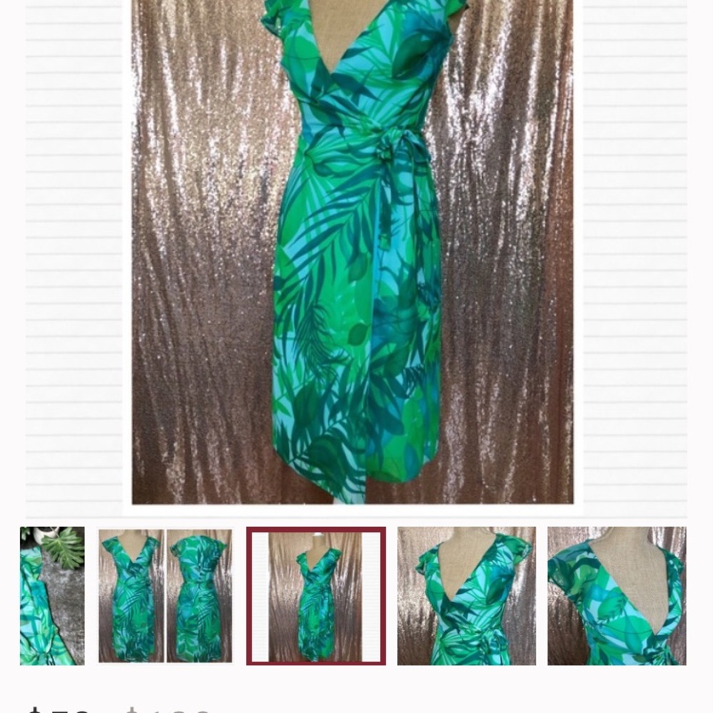 BCBG MaxAzria Green tropical leaf wrap dress sz 4 - Picture 2 of 4